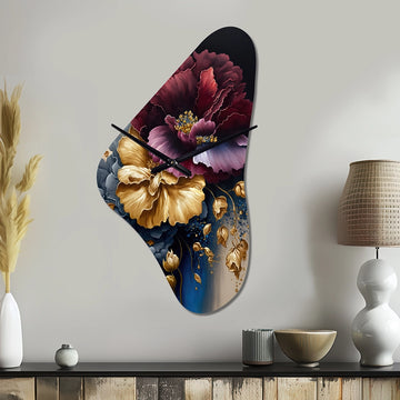 Burgundy And Blue Floral Bunch I - Asymmetric Metal Wall Clock